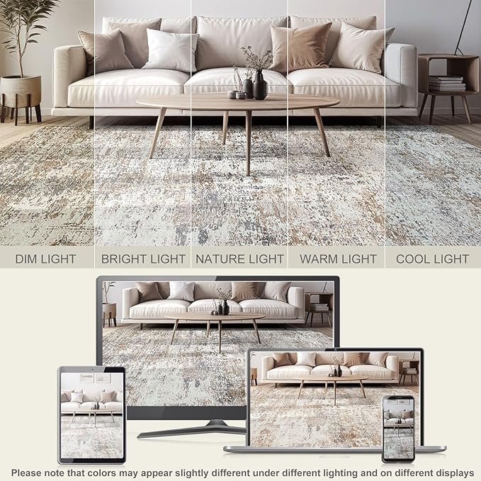 Area Rug Living Room Rugs - 6x9 Washable Large Soft Indoor Neutral Modern Abstract Low Pile Rug Carpet for Bedroom Dining Room Farmhouse Home Office - Brown/Grey/Black