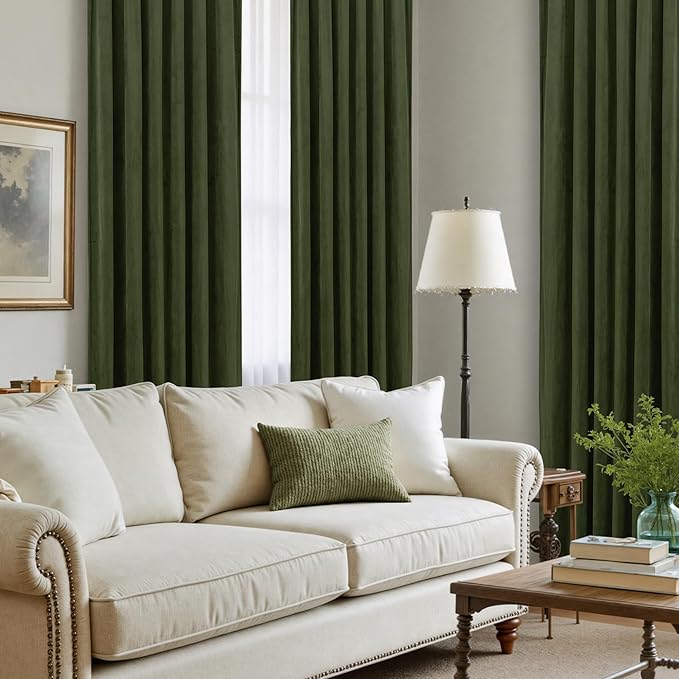 LAMIT Olive Green Velvet Curtains 80 Inch for Living Room, Thick Blackout Thermal Insulated Panels Room Darkening Country Decor Back Tab and Rod Pocket Drapes for Bedroom, 2 Panels, 52 x 80 Inch
