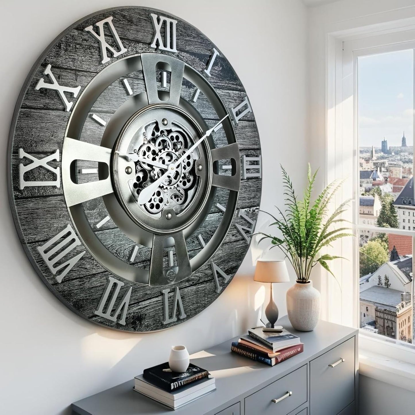 The Gears Clock Real Moving Gear Wall Clock England Line (Carbon Grey, 36 inches (90 cm))