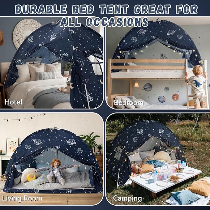 Toddler Bed Tent Full, Space Canopy Indoor for Kids Boys, Kids Bed Canopy Full Size, Galaxy Dome Playhouse Tents Floor Privacy Space on Bed Sleeping Tent for Girls Birthday Toy House Gift