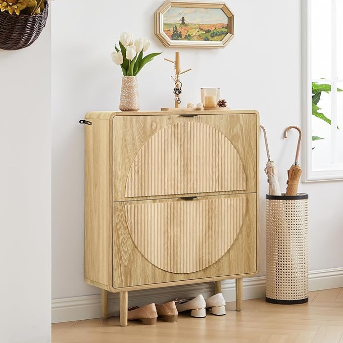 Turtle&Myrtle Modern Shoe Storage Cabinet for Entryway, Narrow Shoe Organizer Cabinet, 2-Tier Flip Down Drawers, Small Freestanding Hidden Wood Slim Shoe Rack,Round Fluted Pattern (Natural)