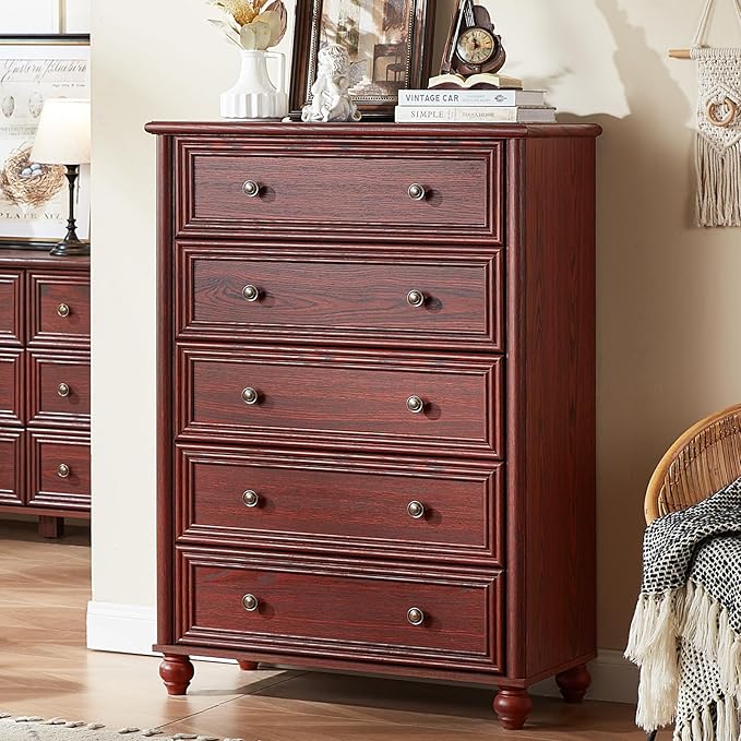 Farmhouse 5 Drawers Dresser for Bedroom, Wood 45" Tall Dressers Chest of Drawers, Kids Dresser Rustic Storage Dressers Organizer with Metal Handle Closet for Living Room, Hallway, Red Oak