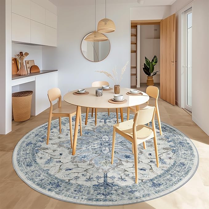 Area Rugs 8ft Washable Non-Slip, Floral Vintage Distress Print Pattern Medallion Carpet for Living Room Bedroom Dining Room, Light Blue Navy Beige Gray White
