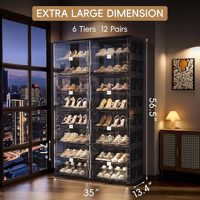 JEKO&JEKO 8-Tier Foldable Shoe Storage Cabinet with Magnetic Doors, Large Stackable Shoe Organizer Cabinet for Closet & Entryway, Clear Front Door Shoe Boxes Hold Up to 32 Pairs (Black)