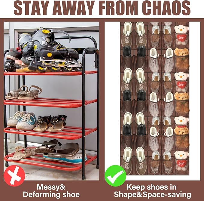 Windyun 40 Over the Door Shoe Organizer Large Breathable Mesh Pockets Hanging Shoe Rack for Closet Brown Behind Door Hanger Storage Holder Nonslip Hooks for Women Men Entryway Bedroom Utility Room