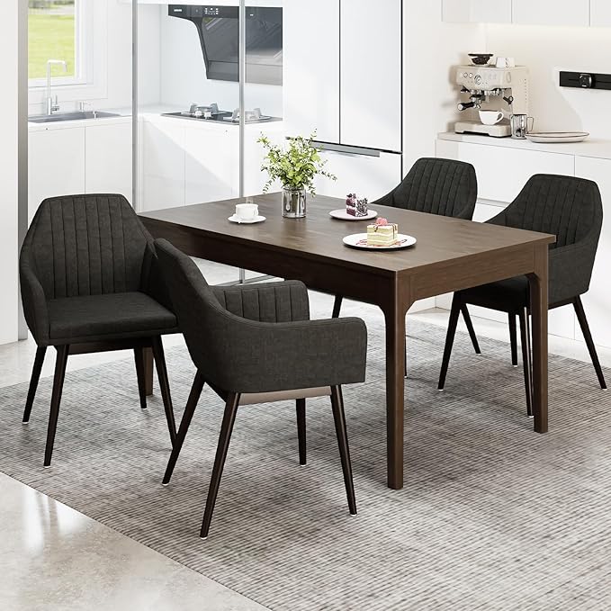 Giantex Upholstered Dining Chairs Set of 4, Mid Century Kitchen Chairs with Solid Wood Legs, Wrap-Around Backrest, Modern Accent Armchair for Living Room, Dining Room, Bedroom, Dark Grey