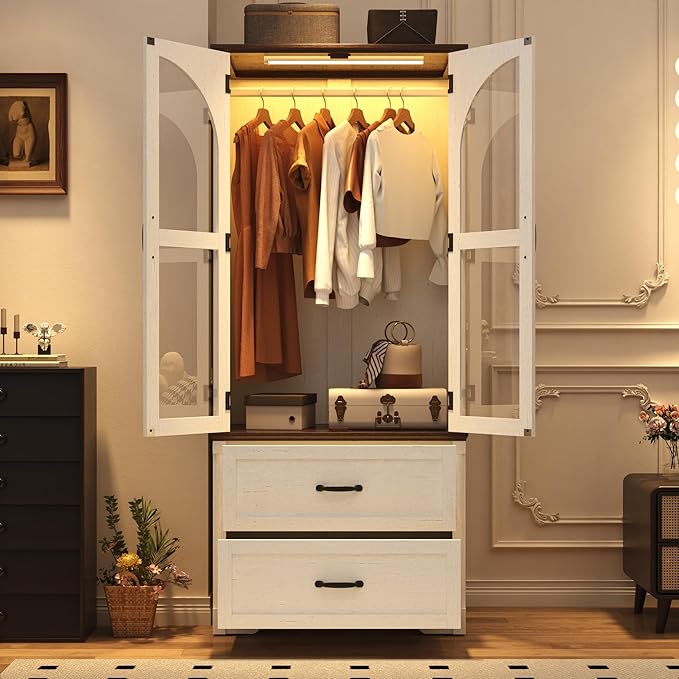 Tall Farmhouse 2 Doors Armoire Wardrobe Closet with LED ,72" Freestanding Arched Wardrobe Closet Cabinet for Bedroom w Glass Doors/Drawers,Wooden Clothing Storage Cabinet,Closets for Bedroom(White)