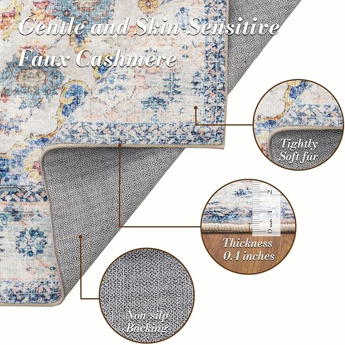 Area Rug 5×7, Vintage Boho Rug,Ultra-Soft Low Pile, Washable, Non Slip,Stain Resistant Printed Carpet for Living Room Bedrooms Playroom Office Kitchen, Blue/Red