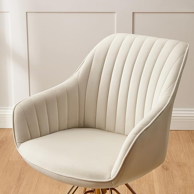 Zouron Mid Century Modern Swivel Accent Chair with Gold Metal Legs, Upholstered Desk Chair No Wheels, Side Office Arm Chair Vanity Chair for Small Space Home Office Living Room Bedroom, Beige