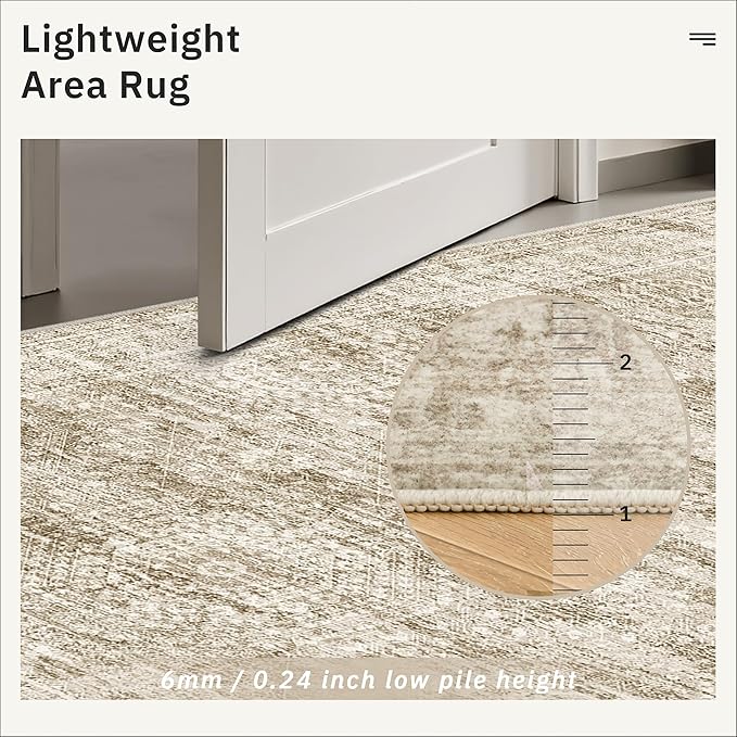 7x9 Area Rug for Living Room Washable Abstract Vintage Soft Thin Indoor Floor Non-Slip Carpet for Bedroom Dining Room Brown