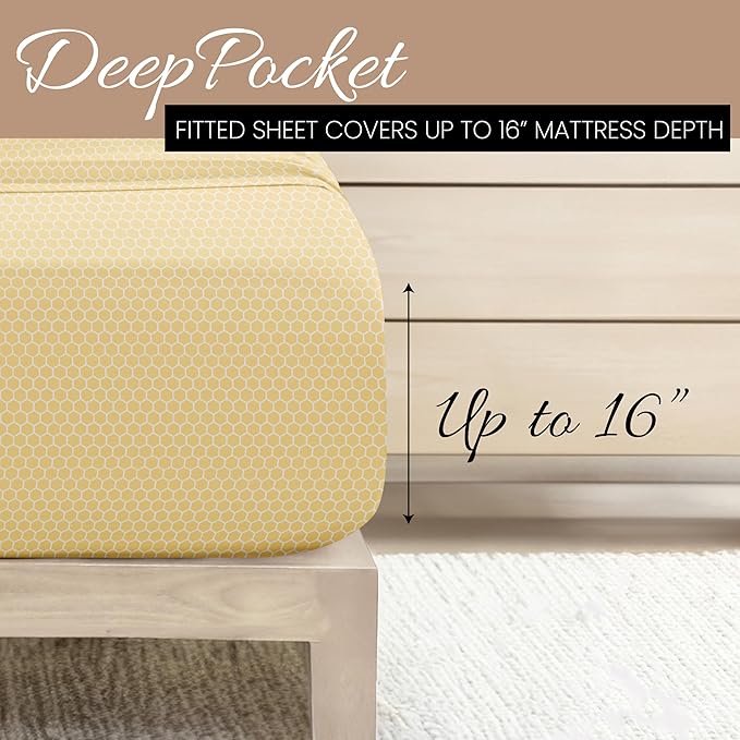 Linen Market Patterned Microfiber Full Sheet Set 4 Piece – Oeko-TEX Certified Ultra Soft & Wrinkle-Free - 16" Deep Pocket Sheets - Easy Care Full Size - Honeycomb Yellow
