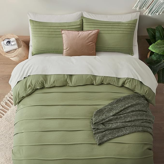 Oli Anderson Sage Green Duvet Cover Queen Size - Pleated Queen Duvet Cover, 3PCS Soft and Breathable Textured Bedding Set with Zipper Closure(Sage Green,90"x90")