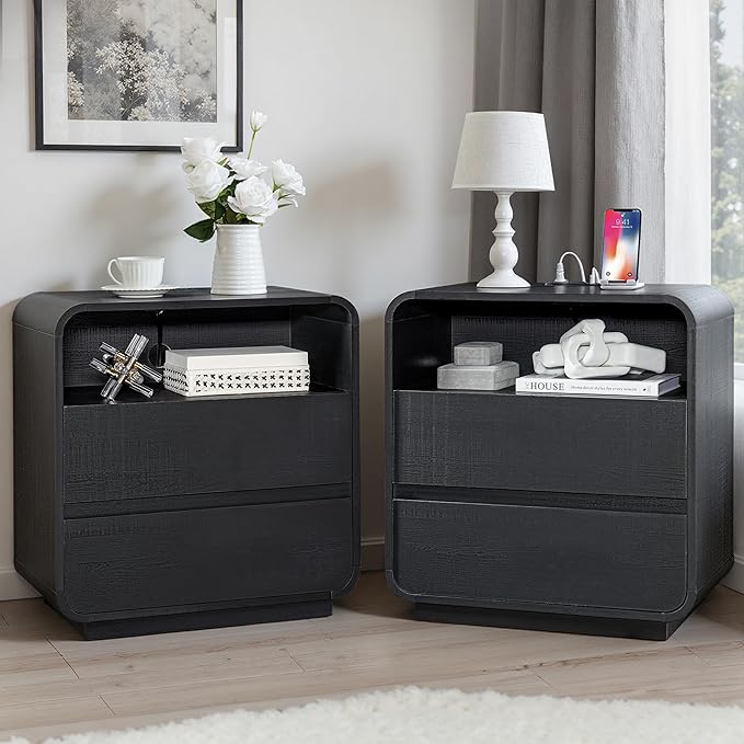 Black Curved Nightstand Set of 2 with Charging Station, 23.2" Wide Wood Bedside Table 2 Storage Drawers, Modern Side Table Handleless, Large End Table Night Stand for Bedroom