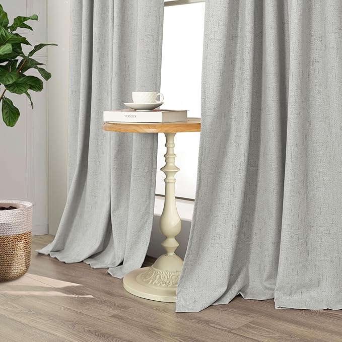Extra Long White Gray Blackout Curtains 108 Inch Long for Living Room 2 Panel Lightweight Linen Textured Total Black Out Darkening Light Grey Drape for Sliding Glass Doors Back Tab Pocket 9ft Length