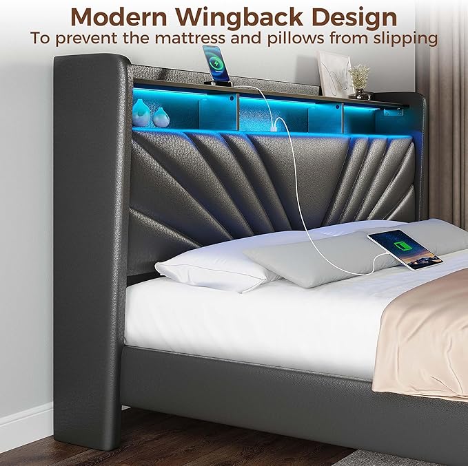 Rolanstar King Size Bed Frame, Storage Headboard with Charging Station and LED Lights, Upholstered Bed with Heavy Duty Wood Slats, No Box Spring Needed, Noise Free, Easy Assembly, Black