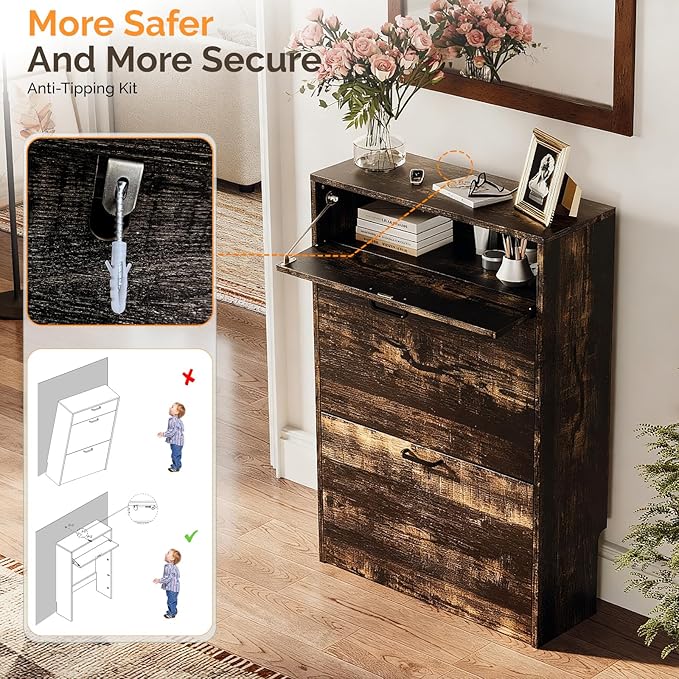 VINGLI Shoe Cabinet Storage for Entryway Ultra Slim with 2 Flip &1Drop-Down Drawers, 24.8" W Narrow Shoe Cabinet for Front Door Entrance,Freestanding Dark Rustic Oak Wood Shoes Organizer for Hallway
