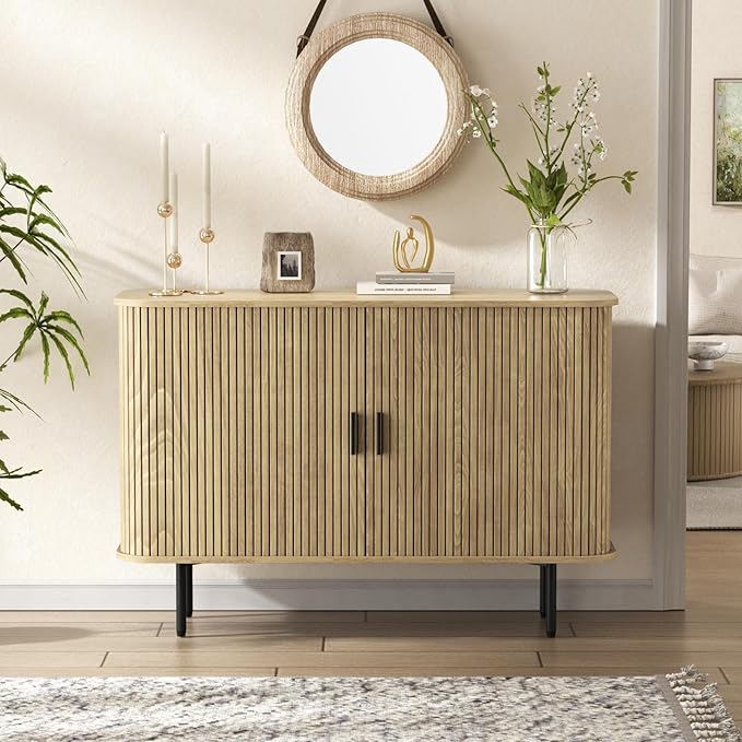 47''W x 32''H Buffet Sideboard Cabinet with Storage,Natural Fluted Storage Accent Cabinet with Curvy Edge; Sliding Door, Credenza, Console Table for Living, Dining Room, Kitchen, Hallway