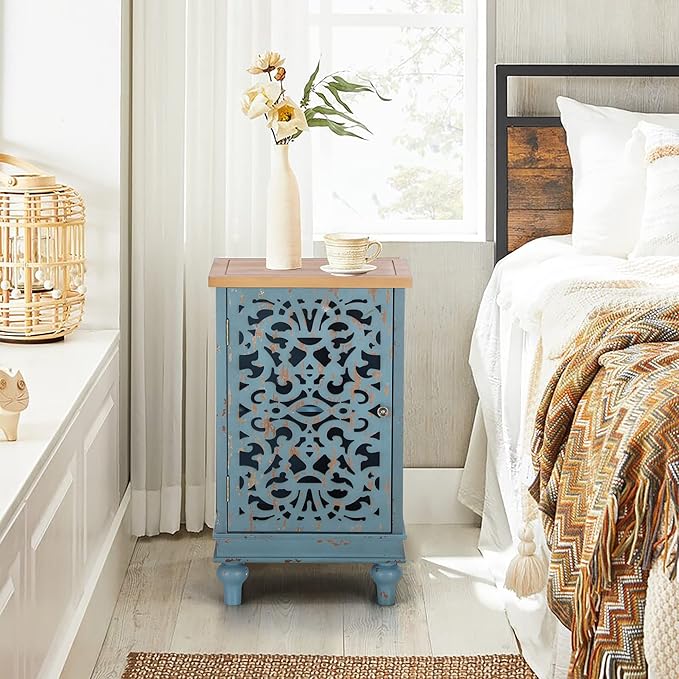PHI VILLA Small Accent Storage Cabinet with Single Door - Decorative Nightstand for Living Room Bedroom, End Side Table Cabinet Blue