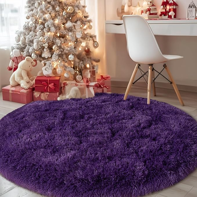 Round Purple Rug for Bedroom, 4 ft Circle Area Rugs for Living Room, Soft Fluffy Shag Carpet for Teen Girls Boys Nursery Room Dorm Home Decor Aesthetic