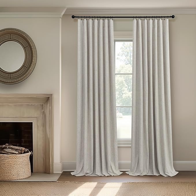 Blackout Linen Curtains 96 Inches Long for Living Room 2 Panel Set Black Out Light Blocking Back Tab Neutral Boho Farmhouse 96 Inch Curtain Drapes for Bedroom Window Earth Tone Stone Birch Taupe Tan