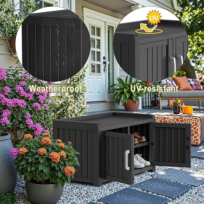 ROJIK Shoe Cabinet Storage Bench Indoor Outdoor, Waterproof UV-Resistant Resin Entryway Furniture with Adjustable Shelves for Hallway, Living Room and Bedroom (Double Door,Black)