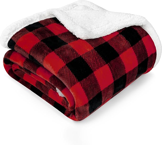 PAVILIA Buffalo Check Sherpa Blanket Throw Queen,Red Black Checkered Flannel Fleece Blanket,Christmas Plaid Warm Plush Microfiber Blanket for Couch Sofa,90x90 Inches