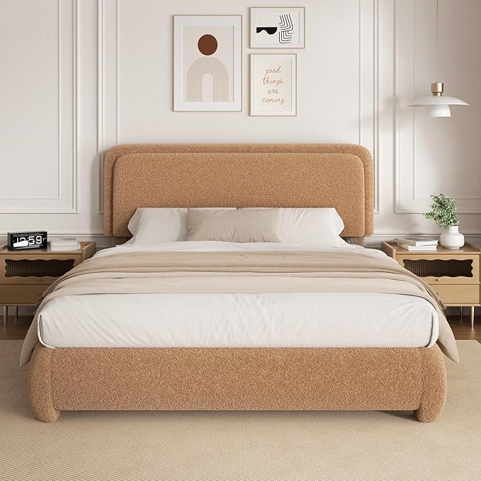 Queen Size Boucle Platform Bed Frame, Upholstered Cloud with Adjustable Headboard, Anti-Collision Soft Rounded Corners, No Box Spring Required, Easy Assembly, Noise Free