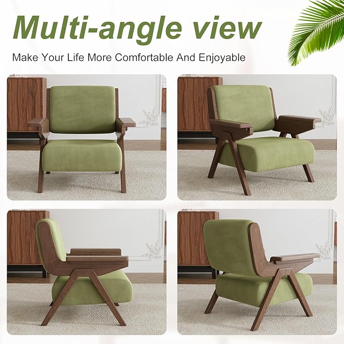 Accent Chair Mid Century Modern Chair, Velvet Upholstered Lounge Arm Chair with Solid Wood, Cozy Reading Chair for Living Room, Bedroom, Balcony (Green)