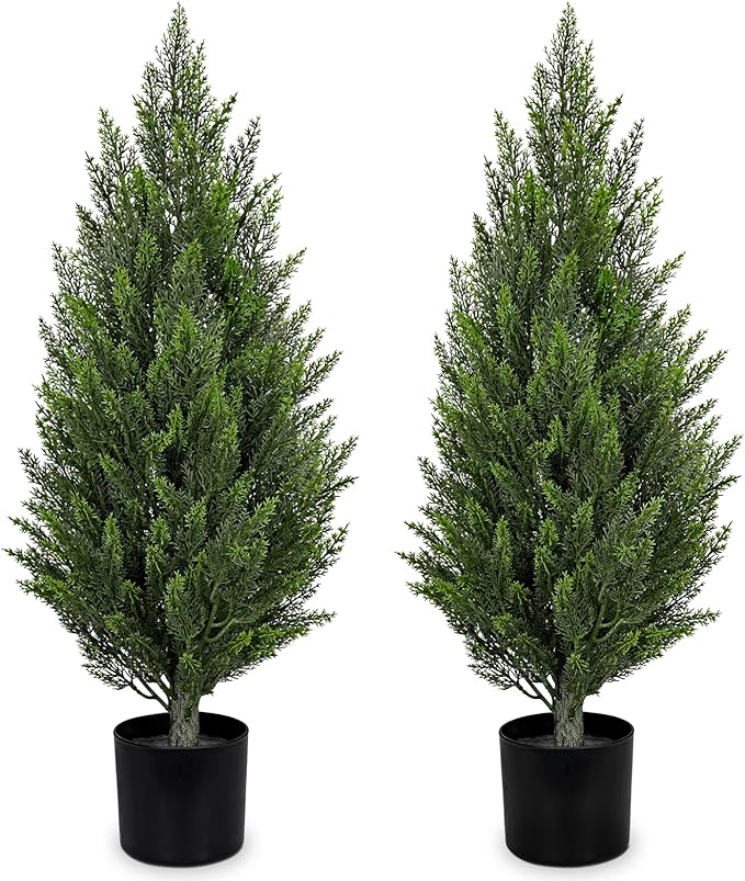 Briful 3ft Cedar Topiary Trees Artificial Outdoor Set of 2, Realistic Faux Cedar Pines with Pots, UV Resistant Christmas Greenery for Holiday Decor, Indoor Farmhouse Entryway Patio Door Plants