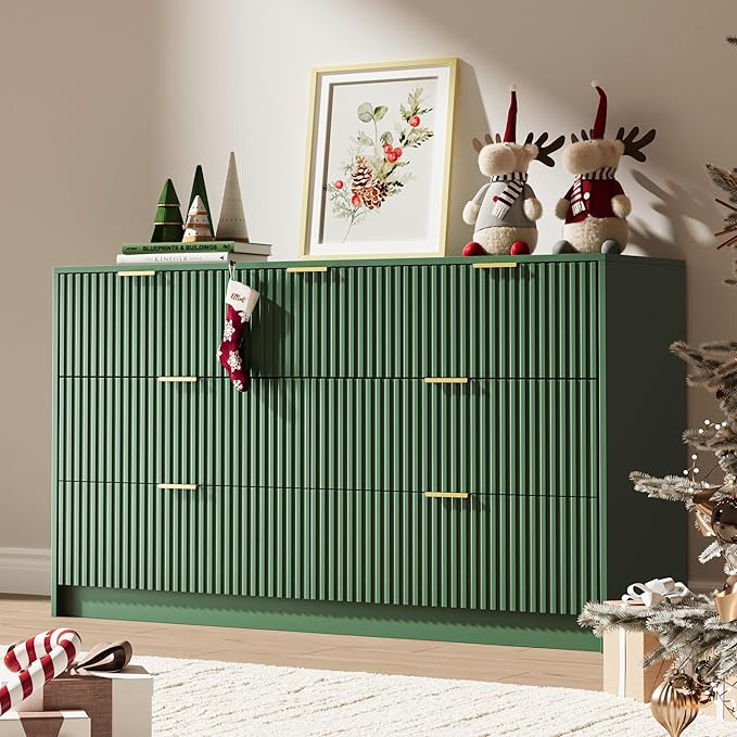 Green 7 Drawer Dresser for Bedroom, 55.9" Wide Modern Fluted Dresser with Gold Metal Handles, Wide Chest of Drawers for Bedroom, Living Room, Entryway, Hallway