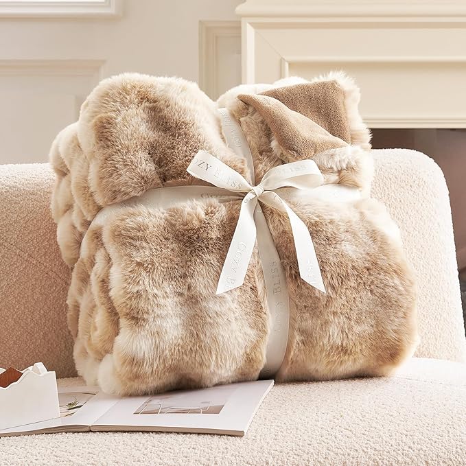 Cozy Bliss Faux Fur Throw Blanket King Size, Fuzzy Soft Plush Thick Bubble Blanket for Bed Couch Bedroom Living Room, 108x90 Inches Tie-dye Beige