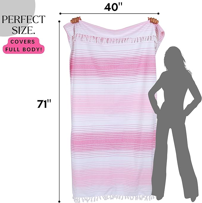 Native Fab Turkish Stripe Beach Towels 4 Pack - 40x71 Inch 100% Cotton Quick Dry Lightweight Thin Sand Free - Extra Large Peshtemal Towel for Adults Travel Bath Spa Pool Camp, Pink