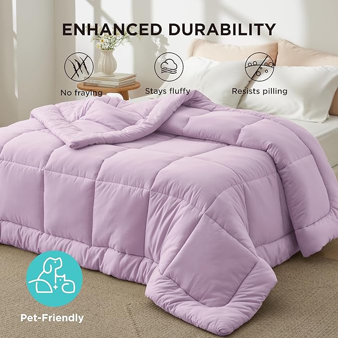 Bedsure Comforter Duvet Insert - Quilted Comforters Queen Size, All Season Duvet, GentleSoft Down Alternative Bedding, with 8 Tabs, Gifts for Women/Men, Light Purple, Queen 88 x 88 Inches