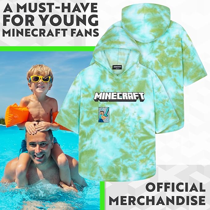Minecraft Towelling Poncho Kids Teens Hooded Bath Towels Absorbent Beach Towel (Green Tie Dye, 10-13 Years)