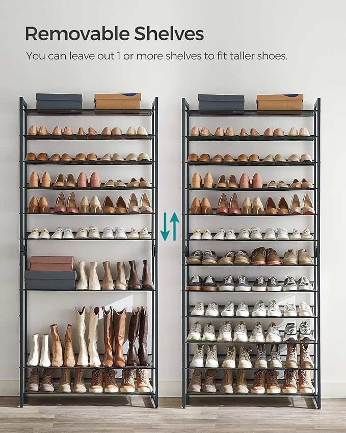 SONGMICS 12-Tier Stackable Shoe Shelf Set, Metal Shoe Storage for Garage, Entryway, with Adjustable Shelves, Hold 48-60 Pairs, Cool Gray ULMR12G01