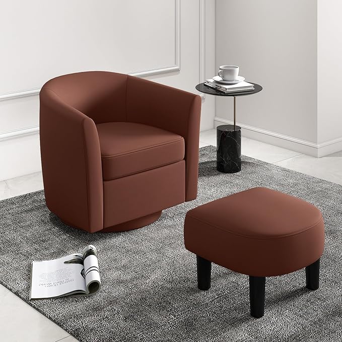 Giantex Swivel Small Accent Chair with Ottoman, Modern Faux Leather Barrel Club Chair w/Footrest, Removable Seat Cushion, Swivel Single Sofa Arm Chair for Living Room, Bedroom, Office (Brown)