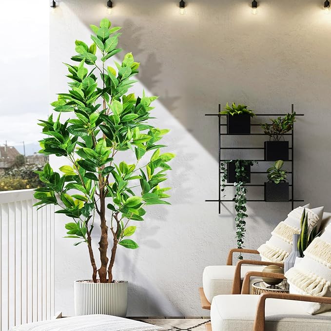 7.2ft Artificial Rubber Tree (85in) with Plastic Nursery Pot Fake Tree, Faux Ficus Plant for Office House Farmhouse Living Room Home Decor (Indoor/Outdoor)