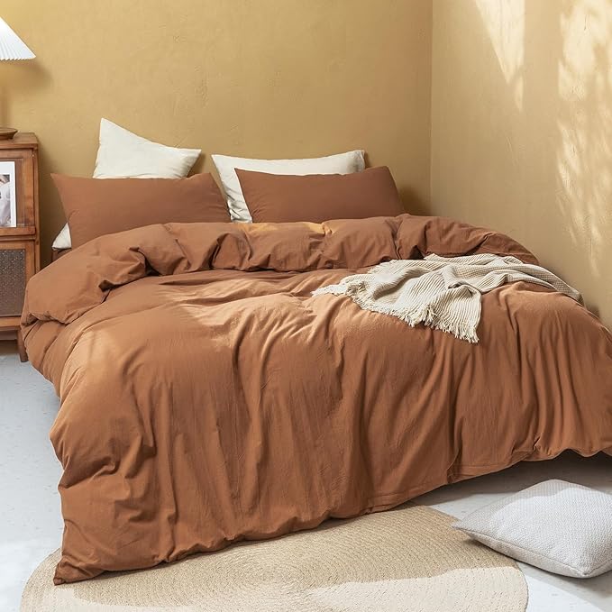 FOSSA Duvet Cover Set 100% Washed Cotton Linen Feel Super Soft Breathable Cozy 3 Pieces Bedding Sets Solid Dark Orange Oversized Queen