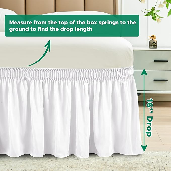 Biscaynebay Wrap Around Bed Skirts for Queen Beds 16" Drop, White Adjustable Elastic Dust Ruffles Easy Fit Wrinkle & Fade Resistant Silky Luxurious Fabric Solid Machine Washable
