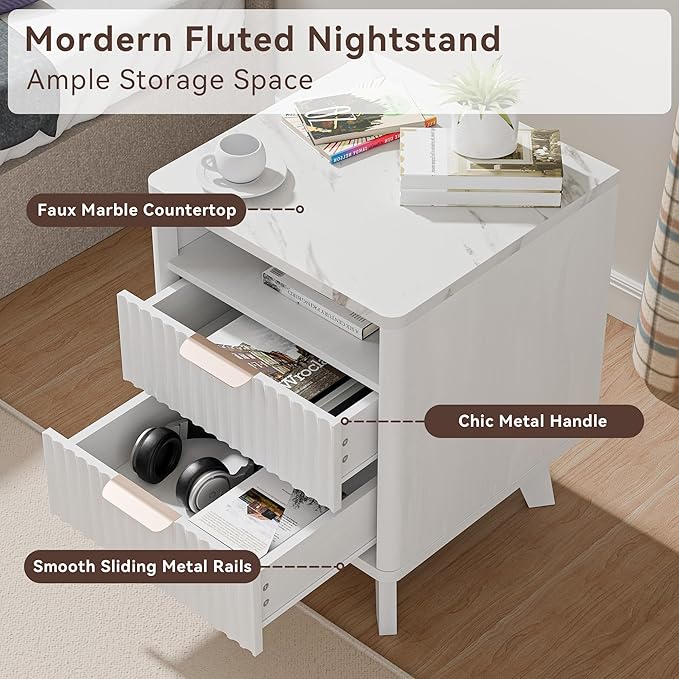 White Nightstand Set of 2, 18" Modern Night Stand with Faux Marble Top, Open Storage Shelf, Curved Edge Bedside Table for Bedroom, End Side Table
