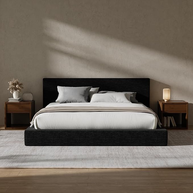 RECCI Cloud Upholstered Queen Bed Frame with Headboard, 5 Inch Foam Padded Platform, No Box Spring, Easy Assembly (Onyx Black)