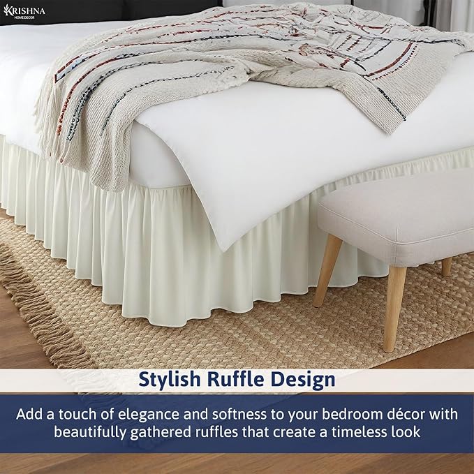 KRISHNA Ruffled Bed Skirt with Split Corners Twin, 100% Microfiber Hotel Quality, 28 Inch Drop Dust Ruffle Gathered Bedskirt with Platform, 39" x 75", Ivory