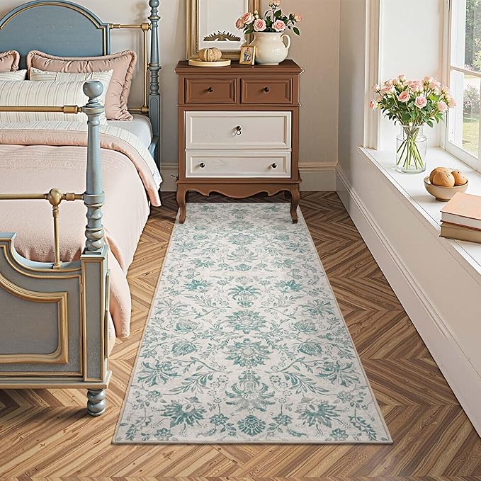 jinchan Torino Runner Rugs 2x5 Vintage-Inspired Floral Design Machine Washable Non-Slip Ultra-Thin Low Pile Rubber Backing Runner Rug for Kitchen Hallway Laundry Room Entryway