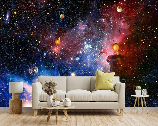 -Galaxy Universe Planet Ceiling Fabric Wallpaper Boys Girls Nursery Starry Sky Children Bedroom Bathroom Large Mural- 137"x96"（ not Peel and Stick）