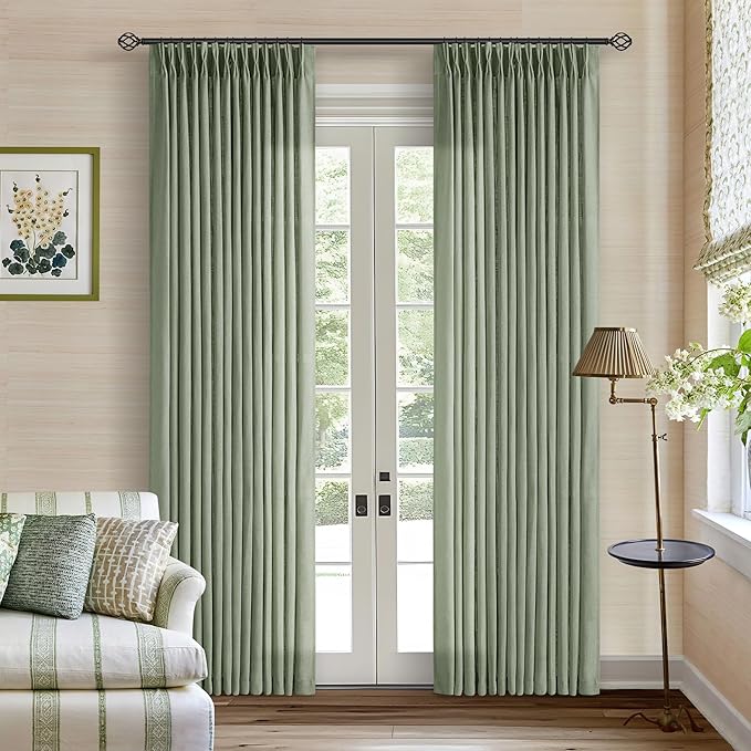 Sage Green Linen Curtains Pinch Pleated 84 Inches Long for Living Room Bedroom Pleat with Rings Back Tab Semi Sheer Curtains 84 Inch Length 2 Panels Set Light Filtering Farmhouse Drapes Light Green