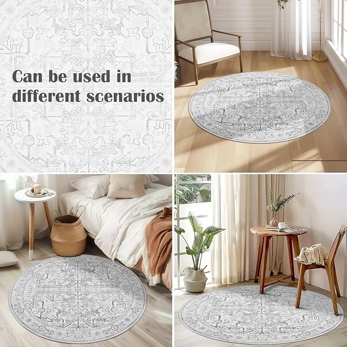 jinchan Lima Round Rug 6ft Vintage Machine Washable Area Rug Indoor Circle 6' Ultra-Thin Non-Slip Floral Print Carpet for Farmhouse Entryway Dining Room Living Room Bedroom Office (6'Round, Grey)