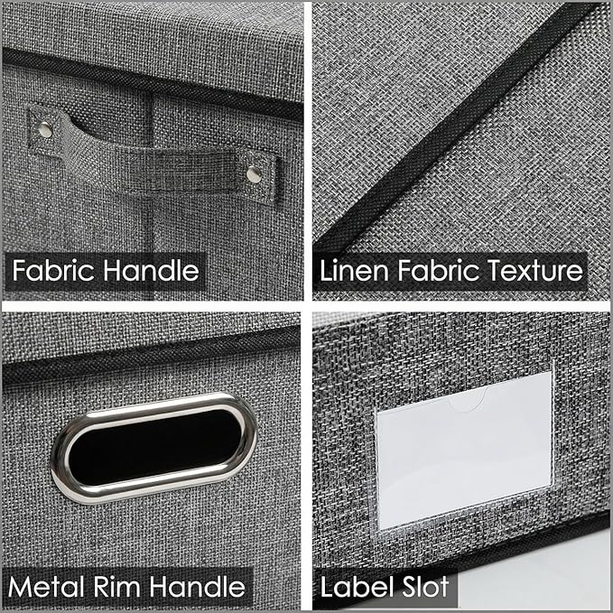 PRANDOM Storage Bins with Lids [3-Pack] Linen Fabric Foldable Storage Boxes Organizer Containers Baskets Cube with Cover Grey(23.4X15.9X11.4)