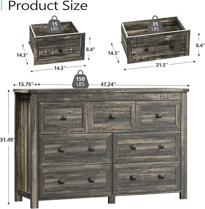 Dresser for Bedroom with 7 Drawers, Farmhouse Wood Chest of Drawers, Wide TV Stand Closet Storage Furniture with Metal Handle, Modern Wooden Clothes Organizer for Hallway, Living Room, Entryway, Grey