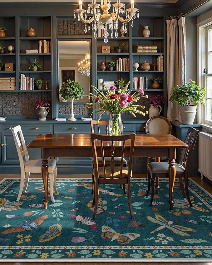 Lahome Insect 9x12 Area Rugs for Living Room Bedroom, Soft Washable Rugs 9x12 Stain Resistant, Ultra-Thin Non-Slip Non-Shedding Accent Carpet for Dining Room Office, Dark Green