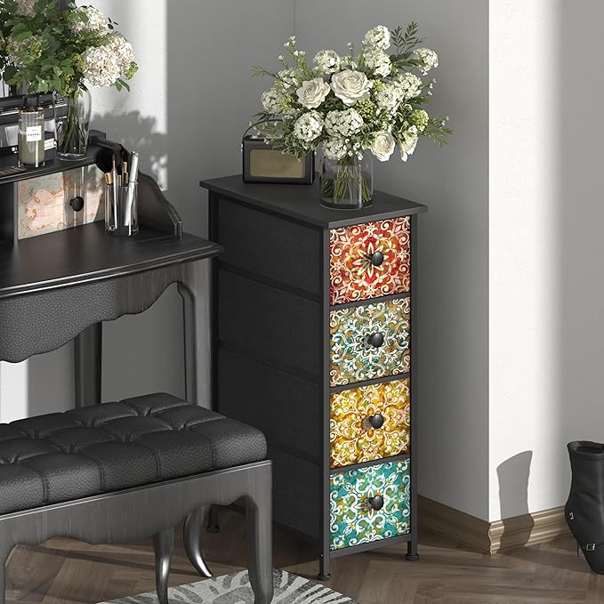 GiftGo Skinny Slim Dresser with Fabric Drawers Thin Boho Mandala Flower Chest of Drawers Narrow Storage Tower for Small Spaces Gaps Bedroom Beautiful Nightstand Living Room Table